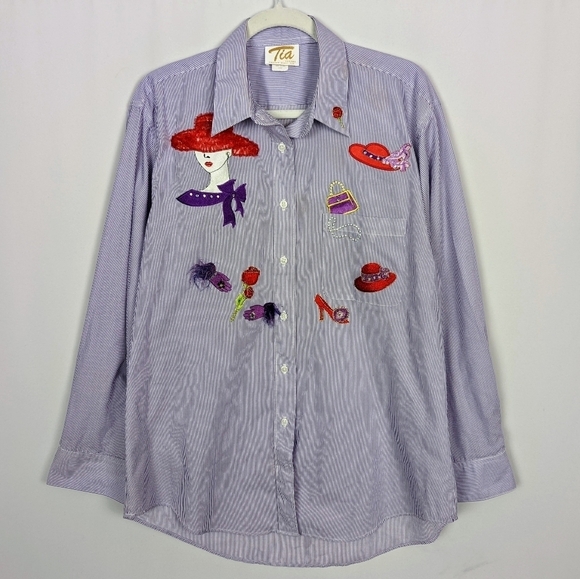 Vintage Tops - Vintage 90s Tia Design L Button Up Shirt Top Blouse Heels Hats Shopping Novelty